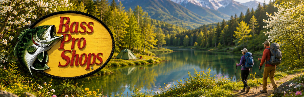 Logo Bass Pro Shops junto a un lago de montaña con excursionistas